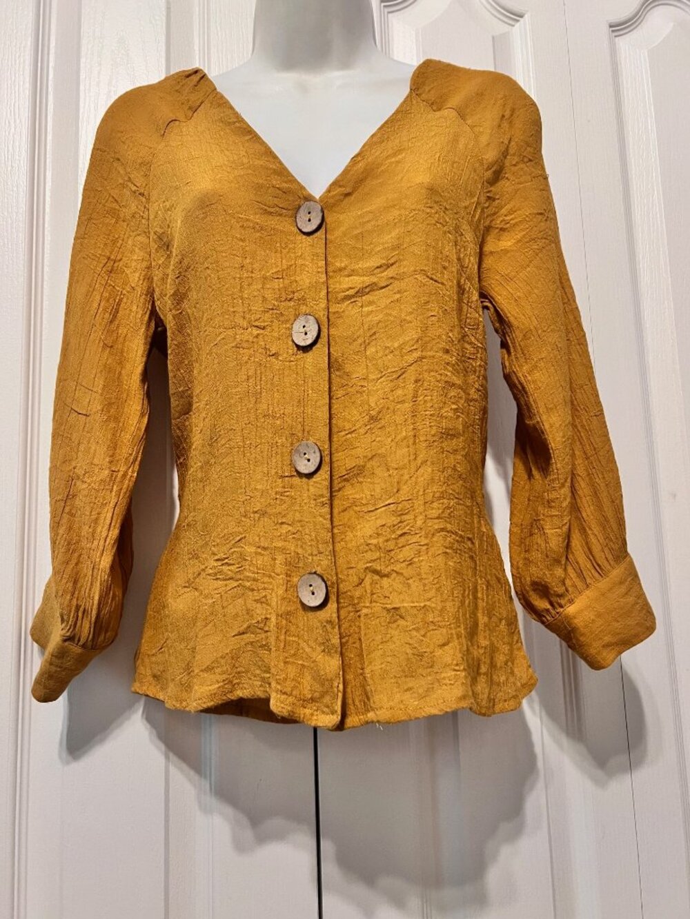 OLM-Women's Gold Long Sleeve Button Up Blouse-Small-Lightweight-Stretch-